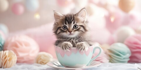 Kitten in teacup, pastel background, spring decor, cute pet