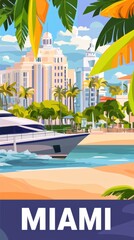 Obraz premium A lively pastel illustration of Miami, showcasing its iconic Art Deco buildings, sandy beaches, and palm-lined streets, with 