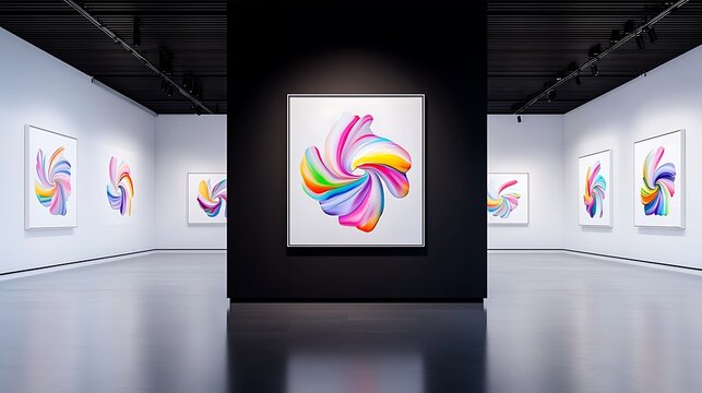 Vibrant Abstract Swirls in a Modern Art Gallery Setting