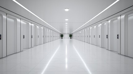 Fototapeta premium Bright white futuristic hallway with symmetrical doors and reflective floor leading to a distant doorway.