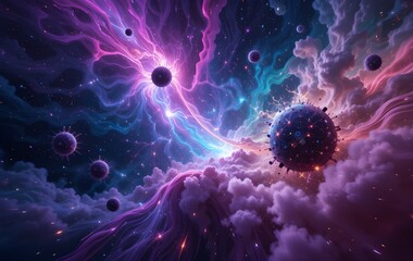 Fototapeta premium Stunning Cosmic Explosion of a Spiral Galaxy with Radiant Nebulae, Interstellar Clouds, and Vibrant Space Elements in the Universe