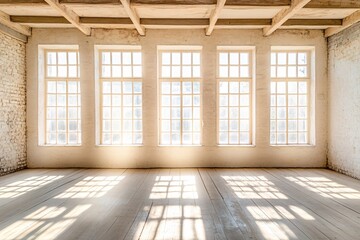 Bright sunlight through large windows in an empty room with wooden floor and exposed beams