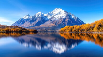 Autumnal lake reflecting snow-capped mountains; scenic landscape photography for travel brochures