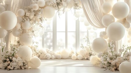 Elegant White Balloon Arch and Floral Arrangement by Window