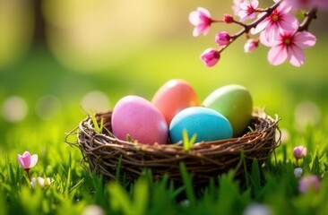 Obraz premium Easter eggs in a basket in green grass. Spring season traditional egg hunt colorful decorated eggs in a wicker basket.