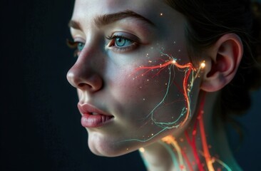 a young woman with painted vessels on her face, nervous system, abstraction and imagination.