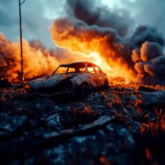 Post Apocalyptic Car Wreckage  Burning Cityscape  Disaster Scene