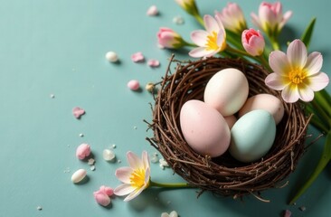Easter pastel background with eggs, a nest and a gift on a blue background. The concept of a Happy Easter. Top view, copy space.