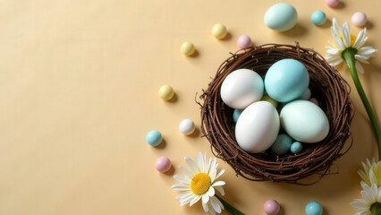 Easter happiness concept. Top view flat lay of painted eggs, fresh tulips, cute easter bunnies on beige background with marketing space