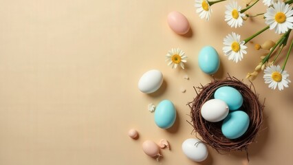 Easter happiness concept. Top view flat lay of painted eggs, fresh tulips, cute easter bunnies on beige background with marketing space