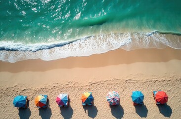 Aerial view of umbrellas. Summer holiday in Zanzibar, Africa. Tropical landscape with palm trees, parasols, white sand, blue water, waves. Top view