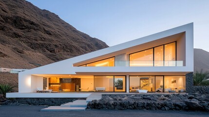 Modern white villa with mountain view at dusk.