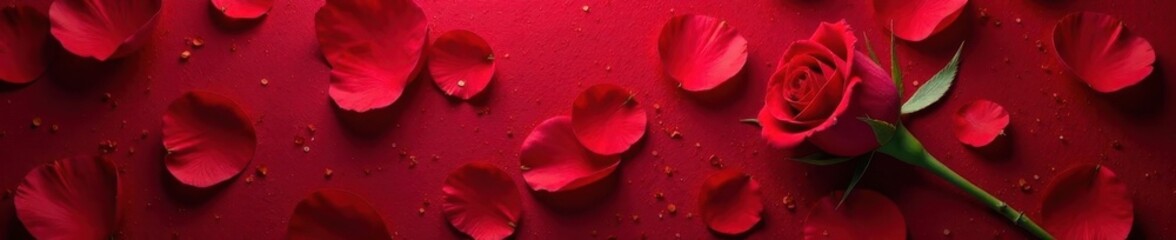 Dark red velvet background with scattered rose petals and a single delicate flower, sophistication, table setting