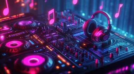 Neon DJ Mixer Headphones Music Party Background