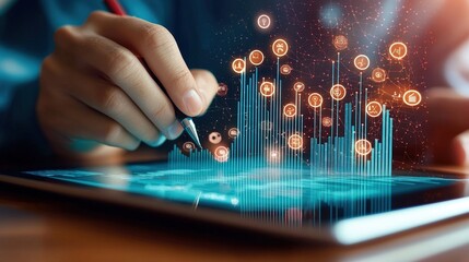 Exploring Digital Data Trends with Graphs and Icons in Blue and Orange