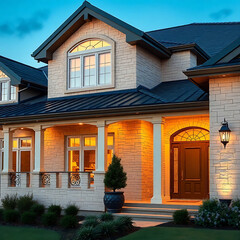 Obraz premium Luxury Brick House Exterior at Night. Modern Home Design, Real Estate Property, Residential Architecture, Evening Lighting