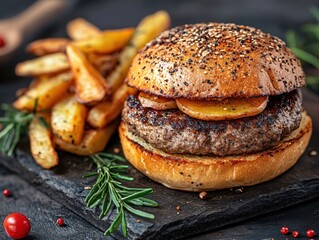 Delicious burger with potato wedges and rosemary on a dark stone board for food photography