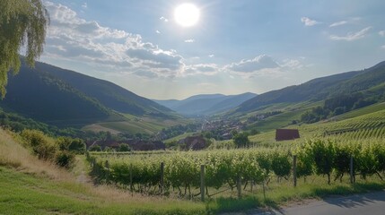 Vineyards and rolling hills create a picturesque scene under a bright sun in the countryside