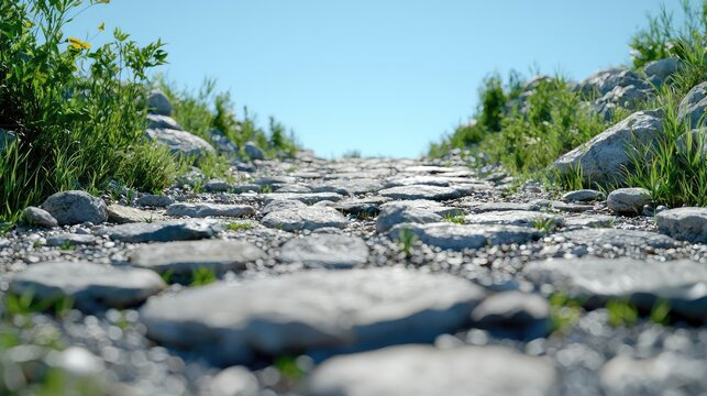 Stone path leading uphill, sunny day, green vegetation.  Use Travel blog, hiking guide
