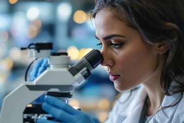Fototapeta premium Female scientist studying a sample using a microscope in a brightly lit laboratory. Background of blurred lights. Concept of scientific research. Ai generative