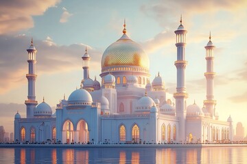 Majestic White Mosque at Sunset Golden Dome Reflecting
