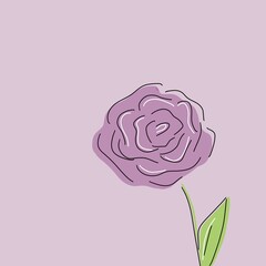 Minimalist line drawing of a single lilac rose with a stem and a leaf on a delicate background