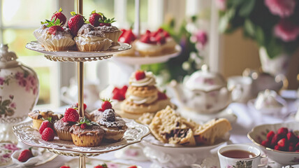 Naklejka premium Elegant table setting for tea party with cakes and cupcakes in English manor. Vintage style.
