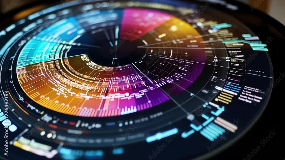 Poster colorful circular display visualizing manufacturing data analysis. showcasing key performance indica