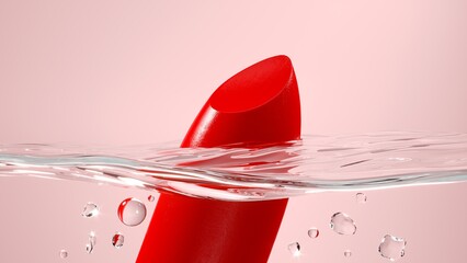 Closeup macro cosmetic lipstick bullet floating on the water's surface with a submerged sponge on pink background. 3D Render.