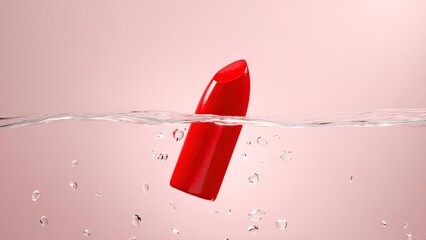 A cosmetic lipstick bullet floating on the water's surface with a submerged sponge on pink background. 3D Render.