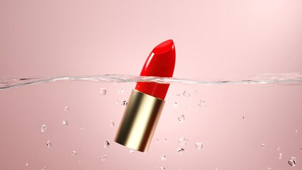 A vibrant red lipstick resting on water with a supporting sponge bubble below. on pink background. 3D Render.
