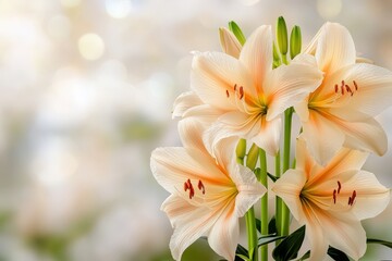 Fototapeta premium A bright and modern minimalist interior featuring fresh spring flowers, natural textures, and soft shadows, creating a serene and elegant aesthetic. .
