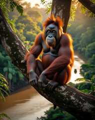 Obraz premium orang Utan on its habitat, Papua Forest, extinct animal sunset, tropical forest, river, created by generative ai