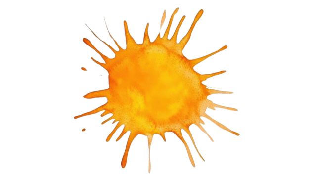 Bright Orange and Yellow Watercolor Splash with Radiating Rays Illustrating Warmth and Energy for Vibrant Design Projects and Creative Concepts in Various Mediums