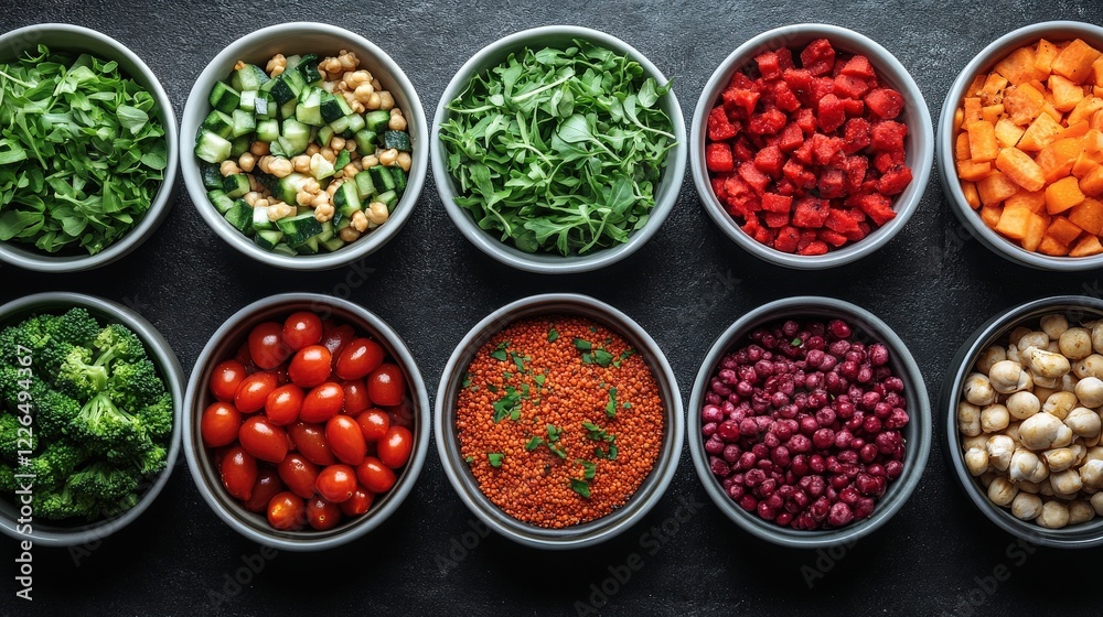 Canvas Prints Colorful assortment of fresh vegetables and fruits in bowls arranged on a dark surface