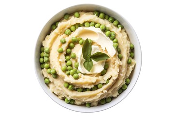 A photo of a white bowl containing mashed potato with butter cream, boiled peas, and basil