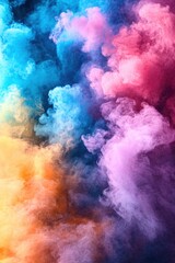 Abstract cloud of colorful powder explosion with blue pink orange and purple hues