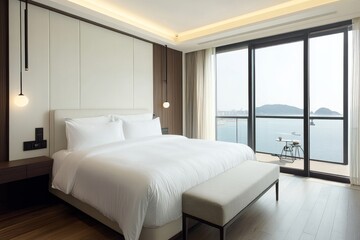 Luxurious bedroom with ocean view, king-size bed, and modern decor.