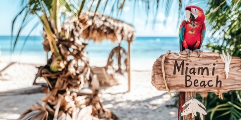 A colorful parrot perched on a rustic wooden sign with "Miami Beach" text, set against a tropical beach backdrop with turquoise waters, white sand, and palm trees.  .