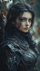 A woman in a black dress standing next to a large green tree in a natural outdoor setting, a fiction fantasy illustration