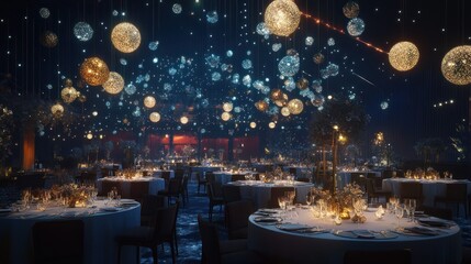 Elegant event hall decorated with hanging lights and tables set for a gala.