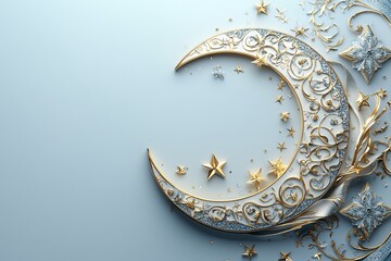 Obraz premium Ornate Golden Crescent Moon with Stars and Flourishes