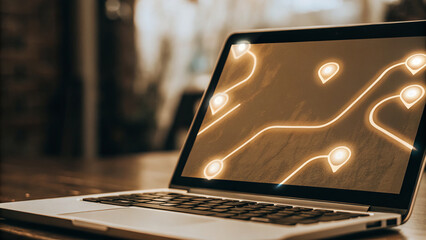 glowing digital roadmap displayed on laptop screen in dimly lit room