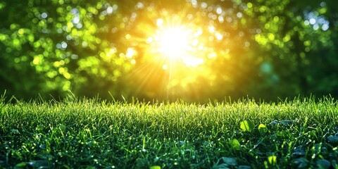 Obraz premium A fresh green grass foreground with sunshine and blurred bokeh in the background. Ideal for nature, wellness, or eco-friendly concepts.