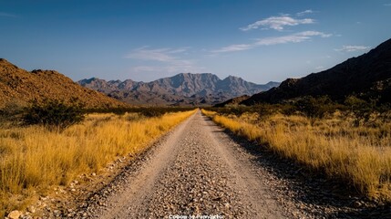 Desert road leading to mountains, sunny day. Use Travel brochure