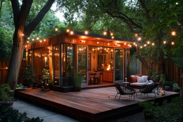 Modern backyard studio with lights and patio.