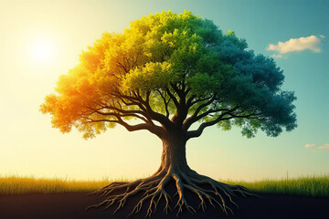 vibrant tree with multicolored leaves stands under bright sky, symbolizing change