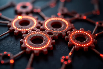 Glowing red gears interconnected on dark surface, symbolizing technology