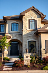 Luxury Home Exterior: Modern Brick and Stone Architecture, Landscaping, and Design