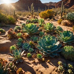 Fototapeta premium A desert garden of succulents glowing under the midday sun.